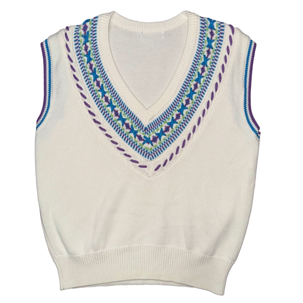💙💖 Vintage White Sleeveless‎ Knit Sweater Embroidered V Neck Vest